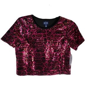 2/$20 💥 NEW (L) Scoop Dark Pink & Black Sequin Leopard Crop Blouse Top (208)